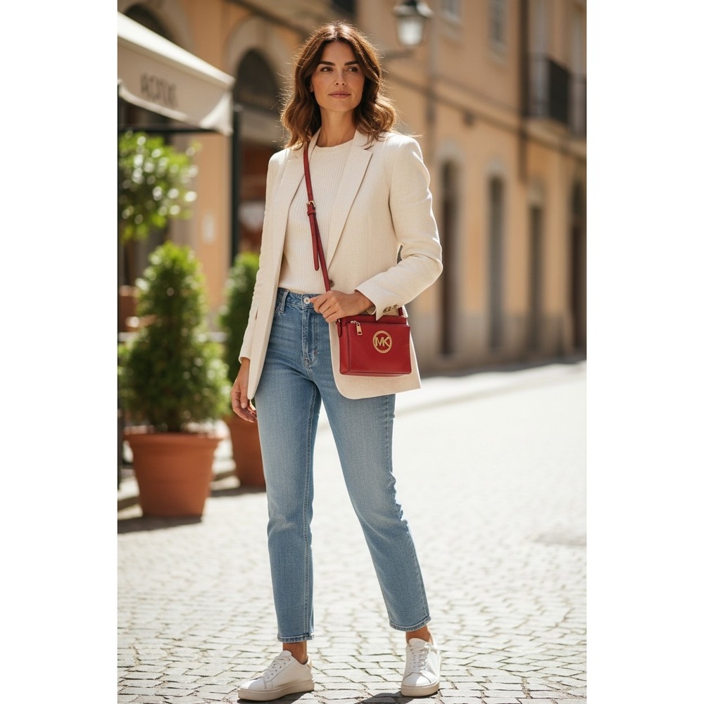 Michael Kors Red Pebbled Leather Triple Zip Crossbody Bag Gold MK Logo Small